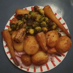 Roasted Parsnips Potatoes and Brussel Sprouts A picture of Roasted Parsnips Potatoes and Brussel Sprouts.