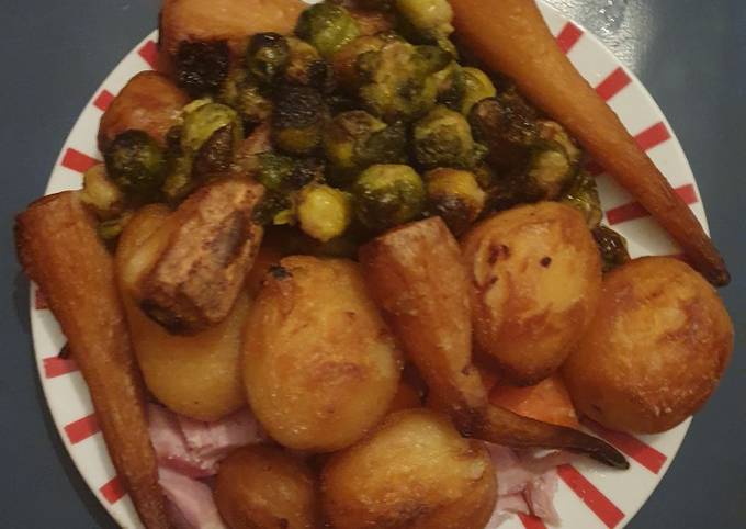 Roasted Parsnips Potatoes and Brussel Sprouts