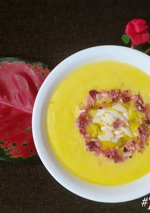 A picture of Kashmiri Saffron Phirni With Almond Rose Chikki.