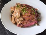 Rib Eye Steak with Wild Mushroom Sauce and Roasted Vegetables
