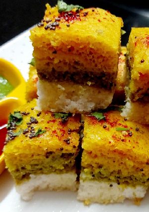 A picture of Tricolor fusion sandwich dhokla.