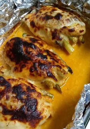 A picture of Chipotle,Asaparugus stuffed chicken.