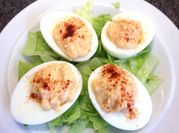 A picture of deviled eggs with yogurt