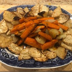 Marsala roasted celeriac, carrots and onion A picture of Marsala roasted celeriac, carrots and onion.