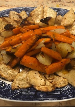 A picture of Marsala roasted celeriac, carrots and onion.
