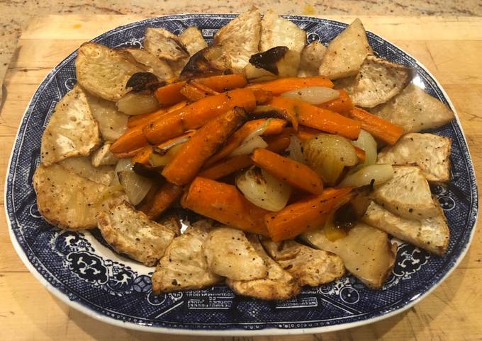 Marsala roasted celeriac, carrots and onion