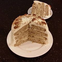 A picture of Toasted Butter Pecan Layer Cake with Whipped White Chocolate Cream.
