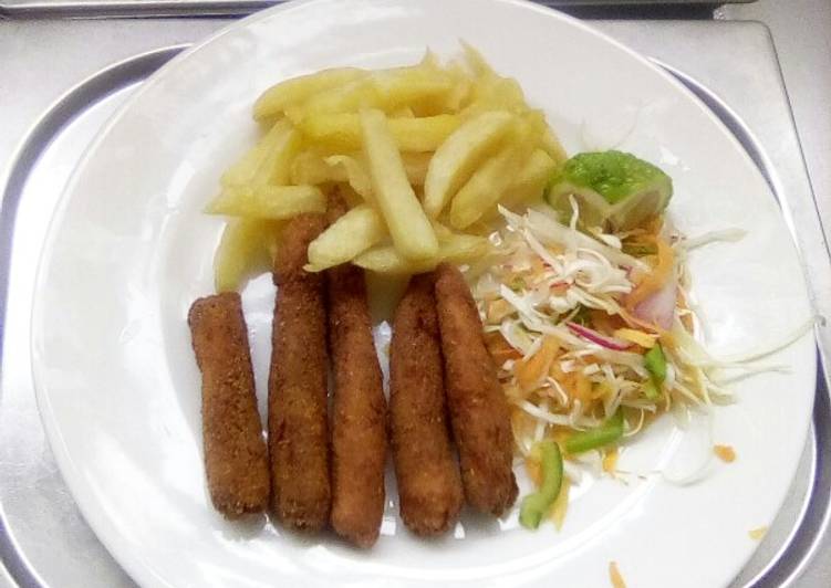 Steps to Prepare Ultimate Fish fingers with French fries and coleslaw salad