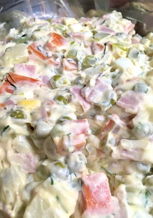 A picture of Russian Salad or Olivier Potato Salad (Салат Оливье).