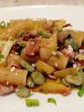 Rigatoni con Fave Fresche, Guanciale, Pomodoro, Patate e Pecorino Crotonese