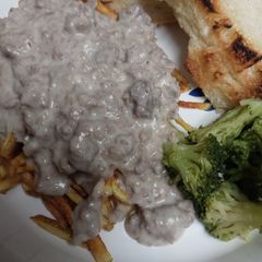 A picture of   Beef Stroganov or Beef Stroganoff.