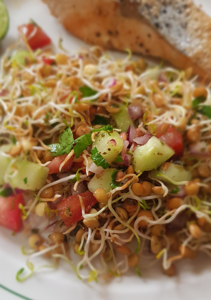 Una foto de Ensalada de germinados de lenteja con jitomate, pepino y perejil