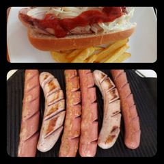 A picture of Frankfurter and bratwurst mixed grill with my currywurst sauce.