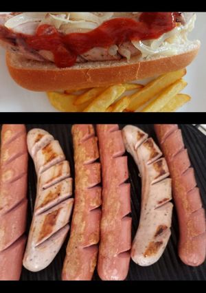 A picture of Frankfurter and bratwurst mixed grill with my currywurst sauce.