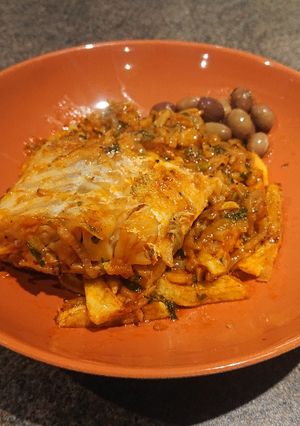 A picture of Cod in Olive Oil with Potatoes.