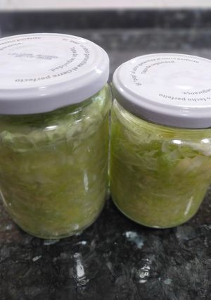 Una foto de Chucrut casero, o col fermentada con manzana. Es una fuente de bacterias probióticas