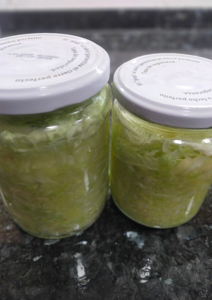 Una foto de Chucrut casero, o col fermentada con manzana. Es una fuente de bacterias probióticas