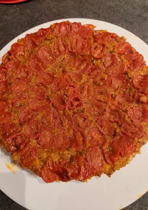 A picture of Eggplant, Tomato, and Chorizo Tarte Tatin.