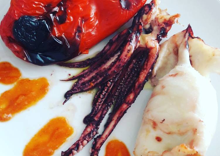 Calamaro ripieno e peperone alla plancha