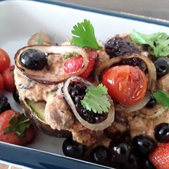 A picture of Sig's Grilled avocado with fruity mushroom sauce.
