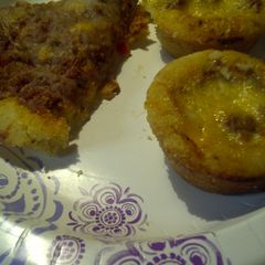 A picture of Cheesy sloppy joe casserole muffins, and an openface.