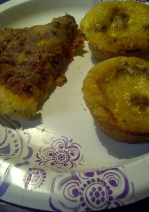 A picture of Cheesy sloppy joe casserole muffins, and an openface.