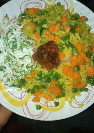 A picture of Fried rice n pepper meat with salad.