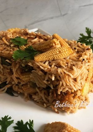 A picture of Baby Corn Pulao (South Indian style).