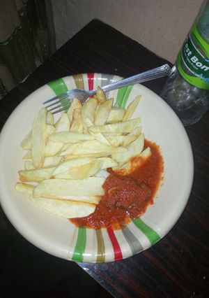 A picture of Chips with soup.