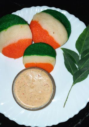 A picture of Tricolour rava Idli in Microwave.