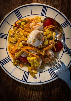 A picture of Spicy-sweet corns salad with prawn or Tam Khaw Phod.