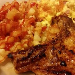 A picture of Porkchop breakfast for dinner.