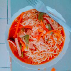 Vegetable & Sausage noodles A picture of Vegetable & Sausage noodles.