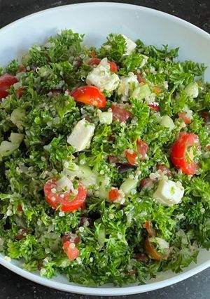 A picture of Vegan Tabbouleh Salad with feta cheese.