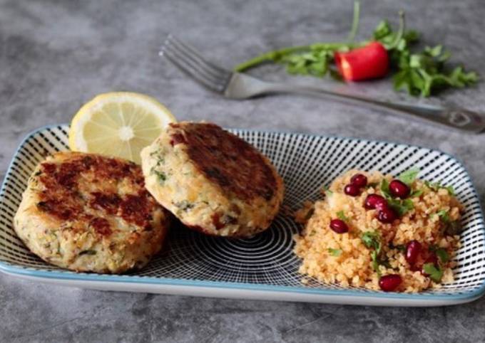 Recipe of Gordon Ramsay Smoked haddock Fish cake with pomegranate couscous