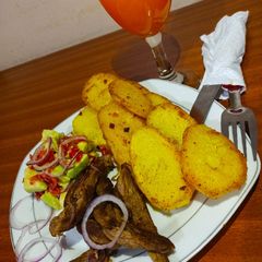 A picture of Pan roasted potatoes and beef steak......... #pass_on_button.