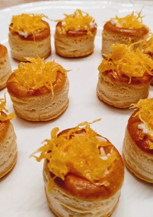 Foto principal de Vol au vent de preparado de pincho a la Donostiarra y huevo hilado