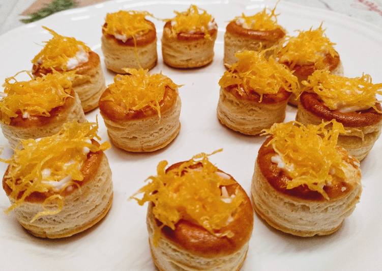 Vol au vent de preparado de pincho a la Donostiarra y huevo hilado