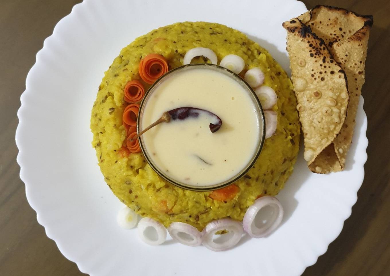 Vegetable khichadi with kadhi