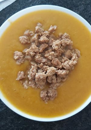 Una foto de Crema calabaza y soja texturizada vegan realfood