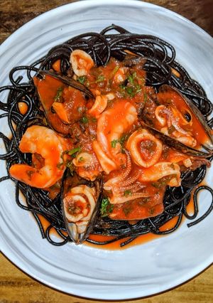 A picture of Squid Ink Seafood Pasta.