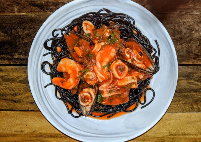 Steps to Prepare Homemade Squid Ink Seafood Pasta for Healthy Food