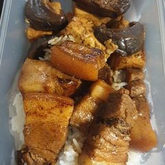 A picture of Five spice pork belly with mushrooms and tofu.
