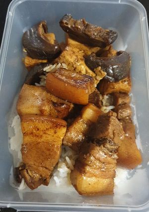 A picture of Five spice pork belly with mushrooms and tofu.