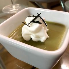 A picture of Matcha jelly (soy milk + agar).