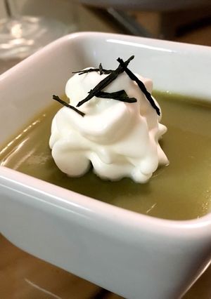 A picture of Matcha jelly (soy milk + agar).