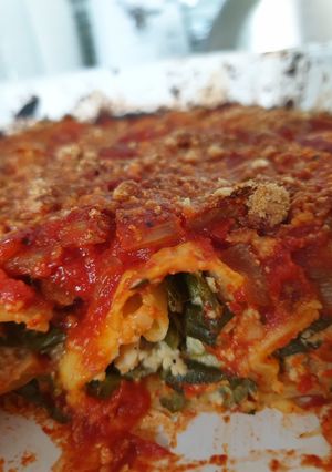 A picture of Vegan Spinach and 'Ricotta' Cannelloni.