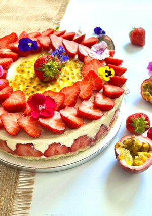 A picture of Passion Fruit Fraisier with Mascarpone Whipped Cream.