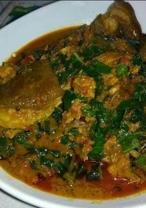 A picture of Banga with cocoyam soup and assorted meat.