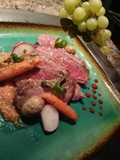 Stiploin steak with seasonal micro salad and horseradish sauce